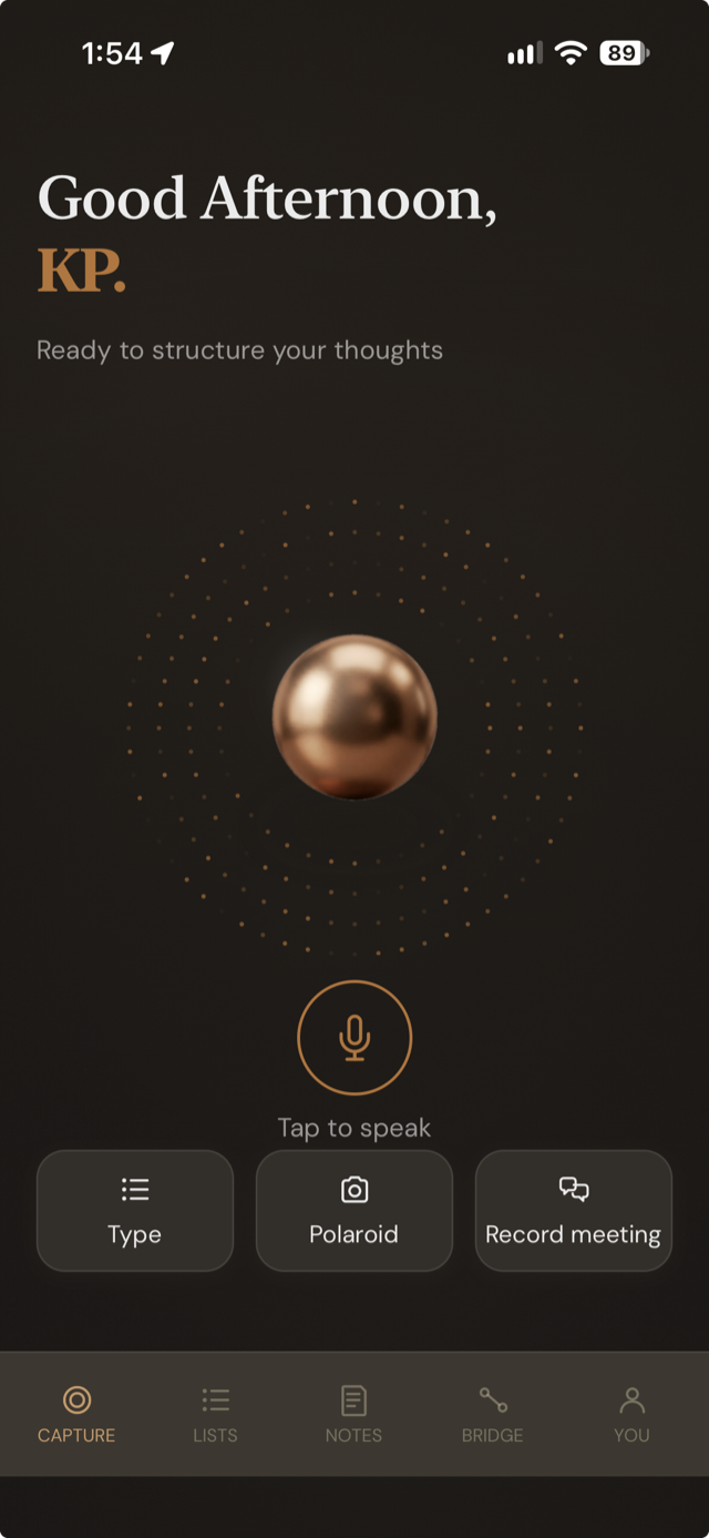 Hey Toru! home screen with Tap to speak, Type, Polaroid, and Record meeting options